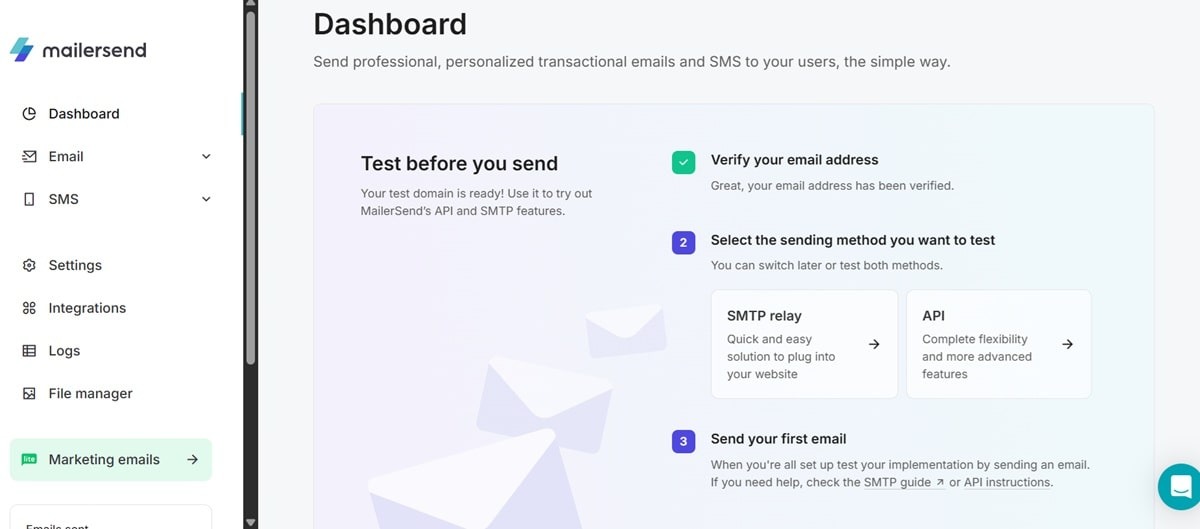 MailerLite MailerSend platform showing team collaboration features, role-based access controls, webhook notifications for email events, and email verification tools